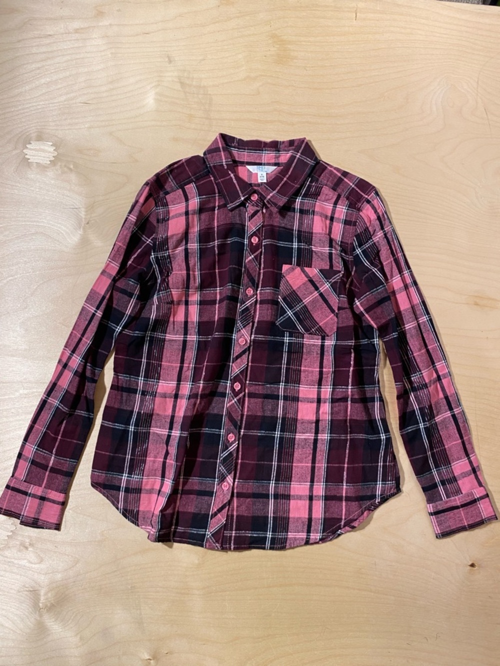 Time and Tru Pink and Burgundy Plaid Shirt Small (4-6) (RF)